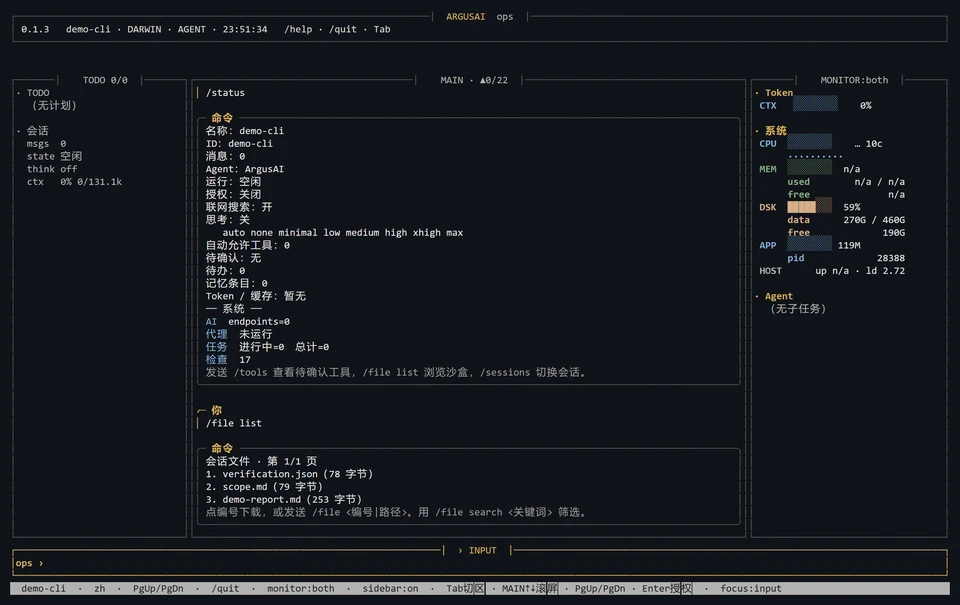 ArgusAI 真实终端会话，左侧待办与会话、中央命令和右侧运行监控